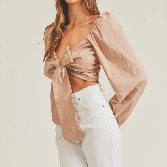 NEW Mable Angel Front Ribbon Self Tie Long sleeve puff shoulder crop top Size M - Picture 4 of 11